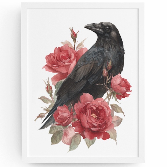 Watercolor Floral Black Crow Wall Art Print Unframed - Black Bird Illustration - Picture 1 of 6